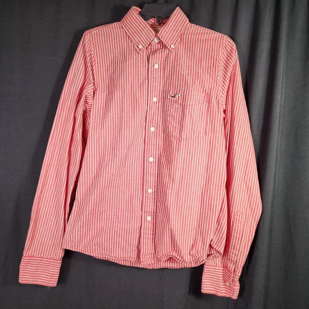 Hollister California Mens‎ Button Down Shirt Red White Stripe Long Sleeve Size M